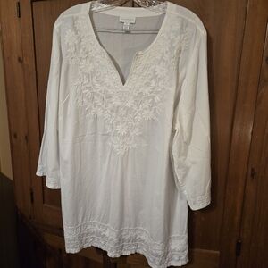 Boho Embroidered Peasant Top Cotton White Plus 3X